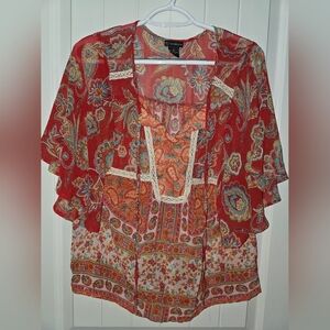New Directions Boho Paisley Red Sheer Women's Top Small
